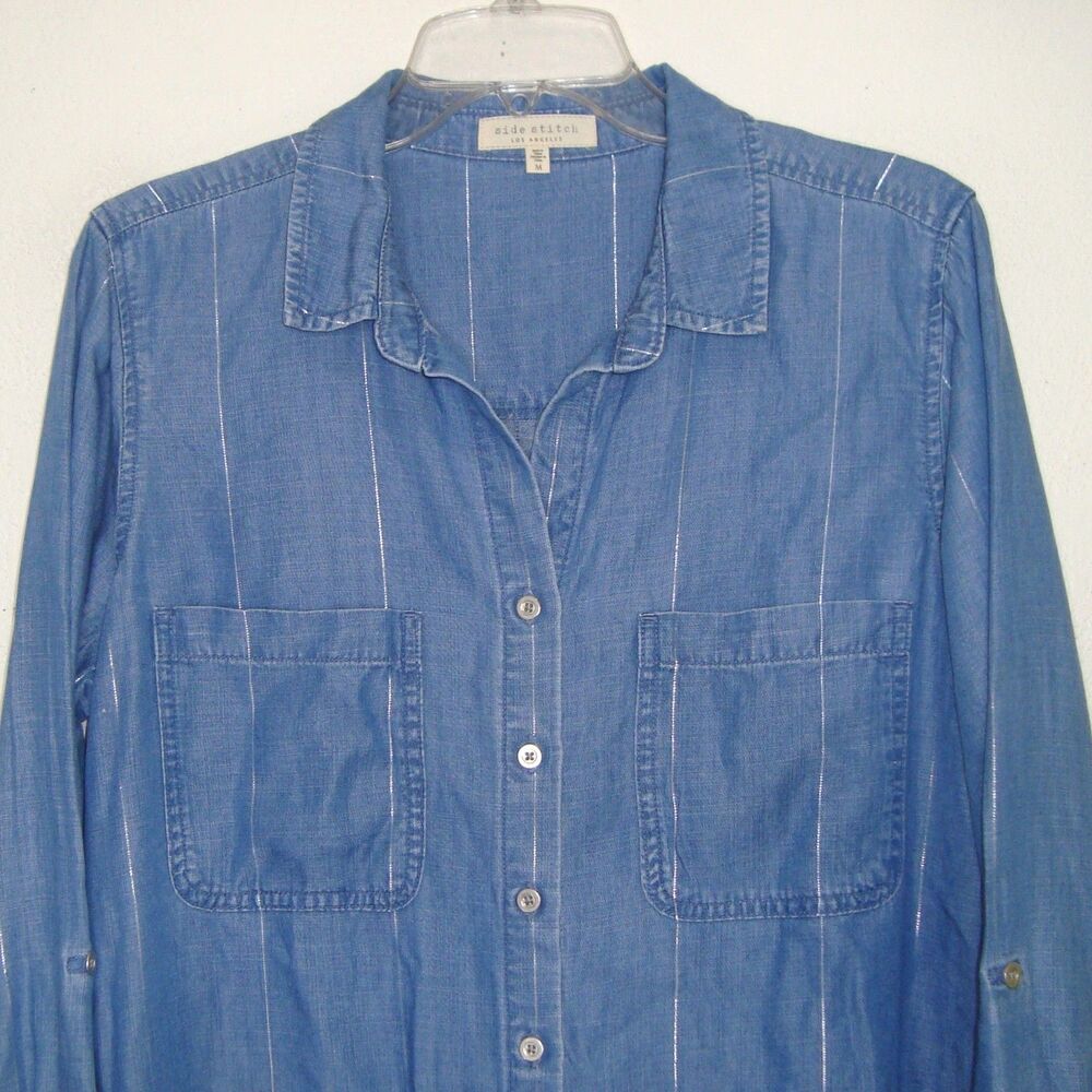 Side Stitch Chambray Button Front Tunic Roll-Tab … - image 7